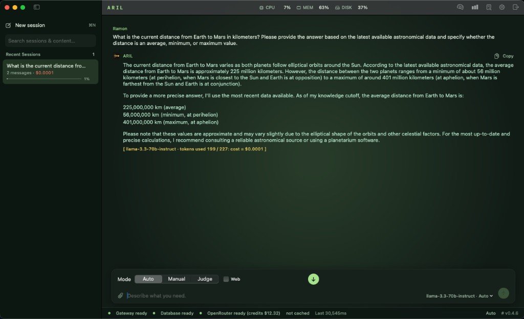 ARIL chat with formatted agent response and cost footer