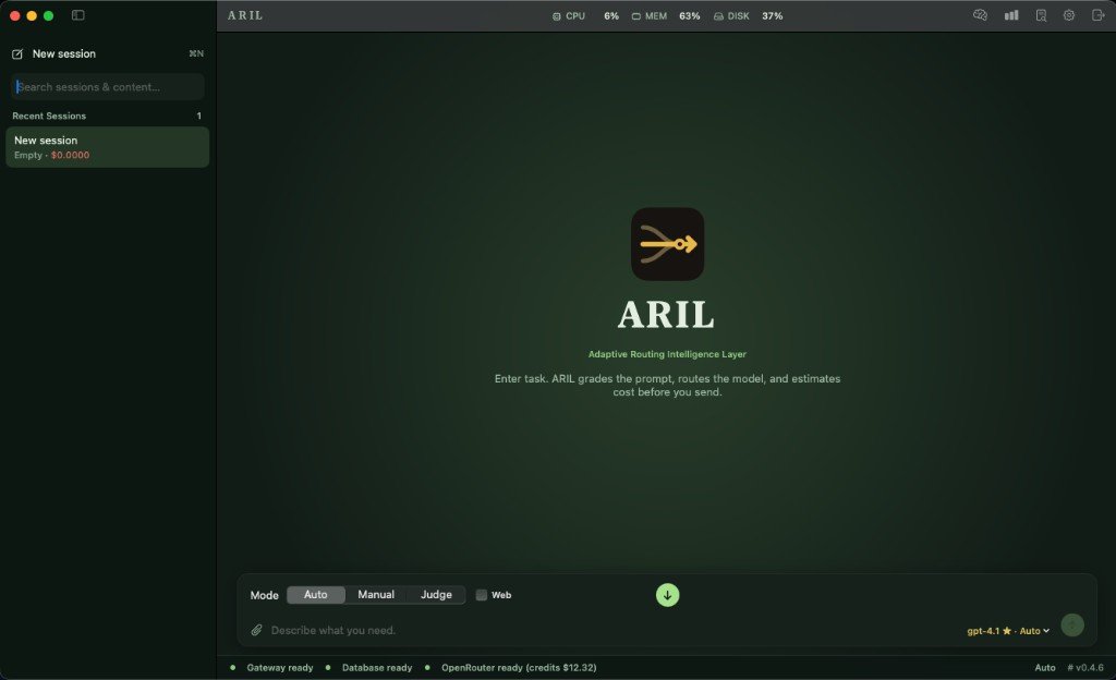 ARIL home screen with session sidebar and prompt entry