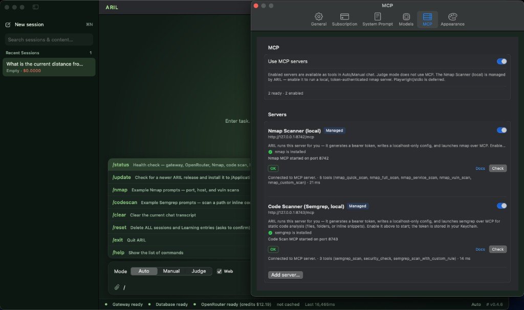 ARIL MCP settings with nmap and Semgrep scanners